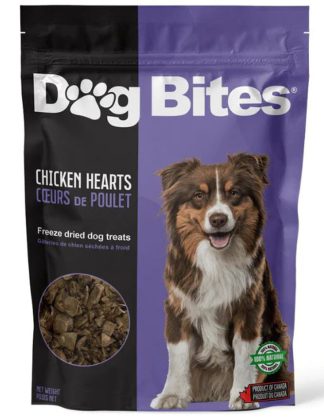 Coeurs de poulet lyophilisés Dog Bites, fait entièrement de la volaille canadienne et américaine, aucun additif et agents de conservation, Produit Canadien, excellente gâterie pour chien et chiot, même pour les chats.